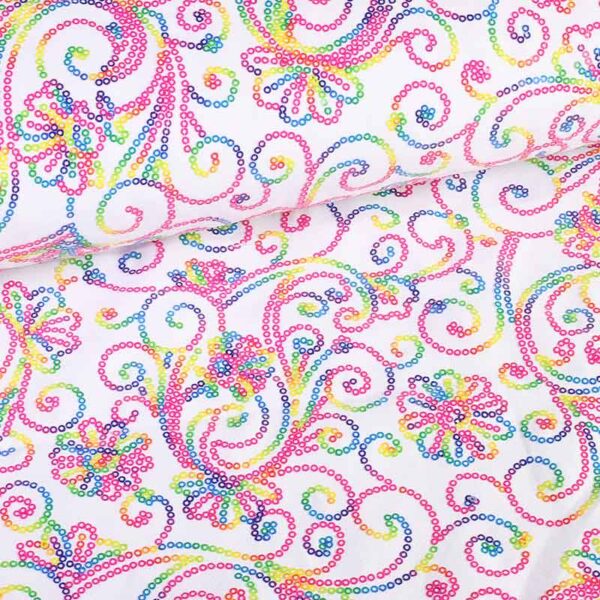 Terlenka-Stoff weiß mit Multicolor-Pailletten