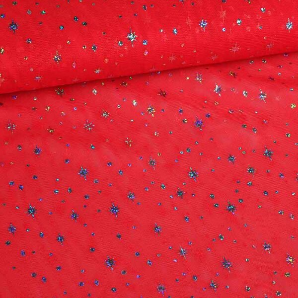 Mesh-Stoff hologram glitter stern rot