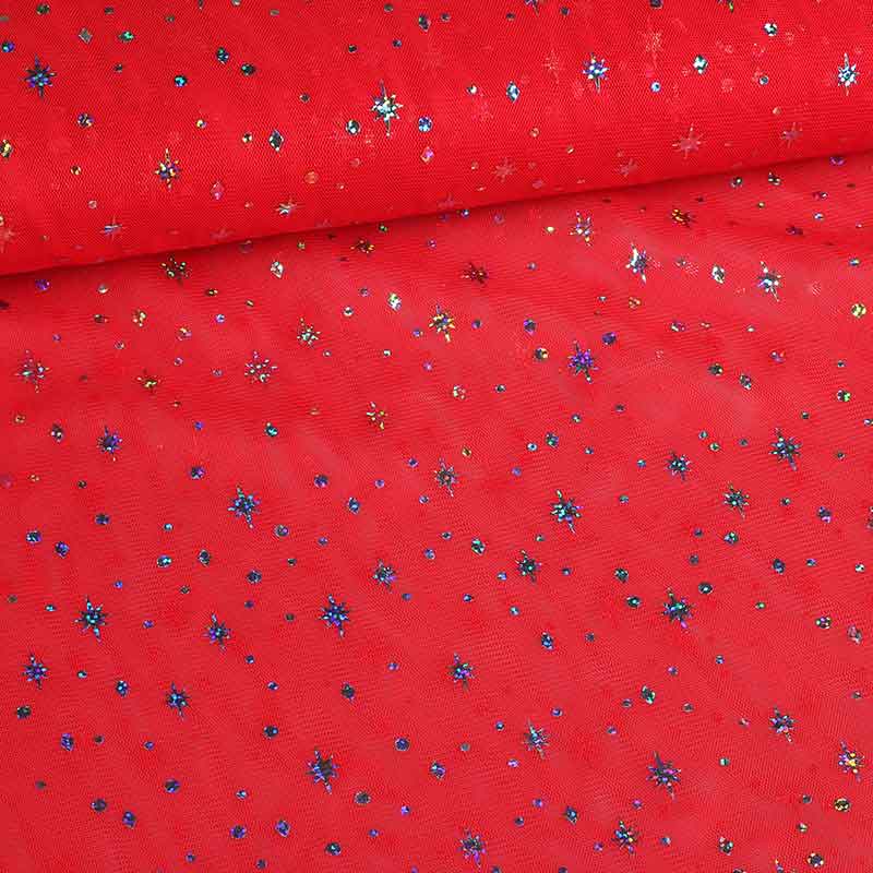 Mesh-Stoff hologram glitter stern rot
