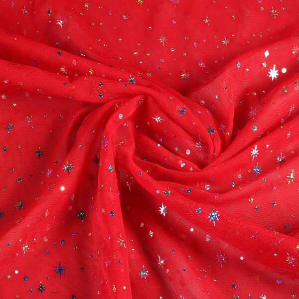 Mesh-Stoff hologram glitter stern rot
