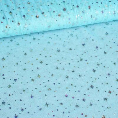 Mesh-Stoff Hologramm Glitter Stern hellblau