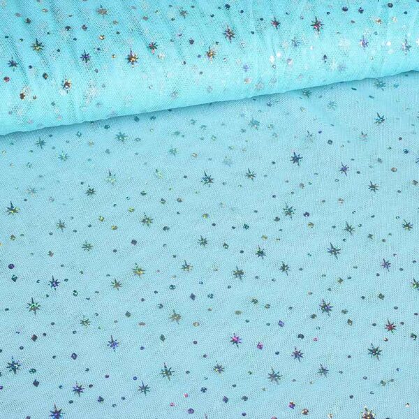 Mesh-Stoff Hologramm Glitter Stern hellblau