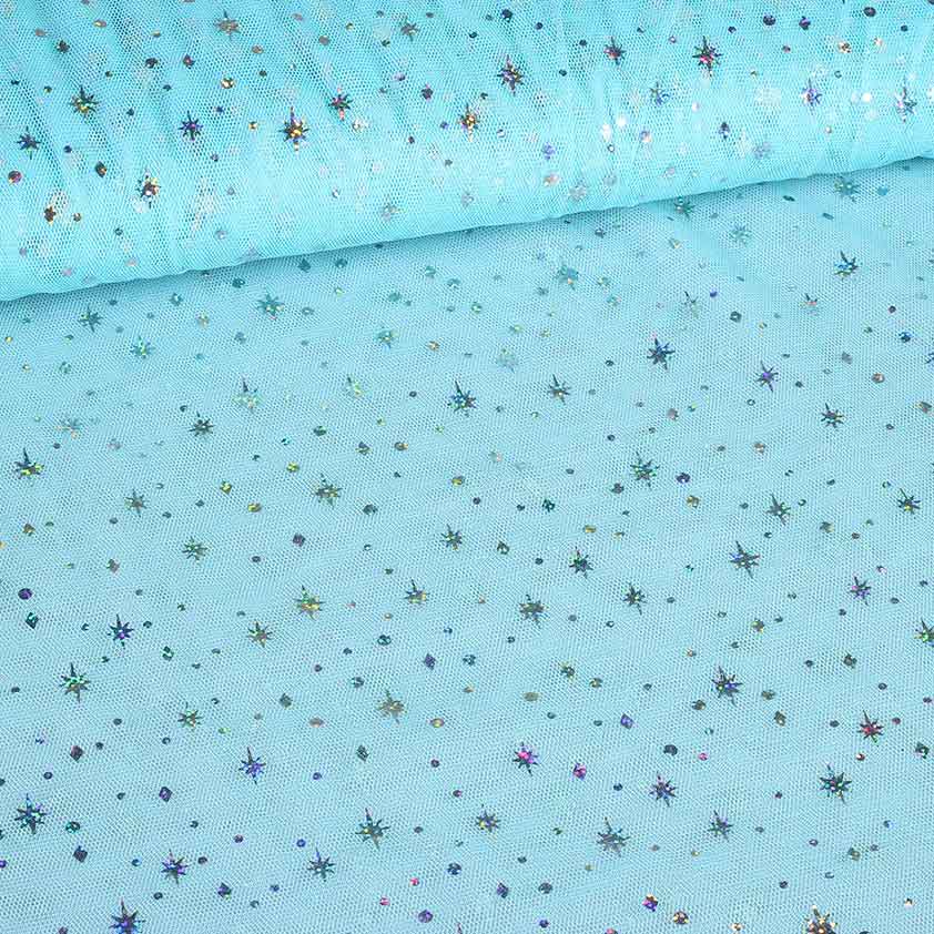 Mesh-Stoff Hologramm Glitter Stern hellblau