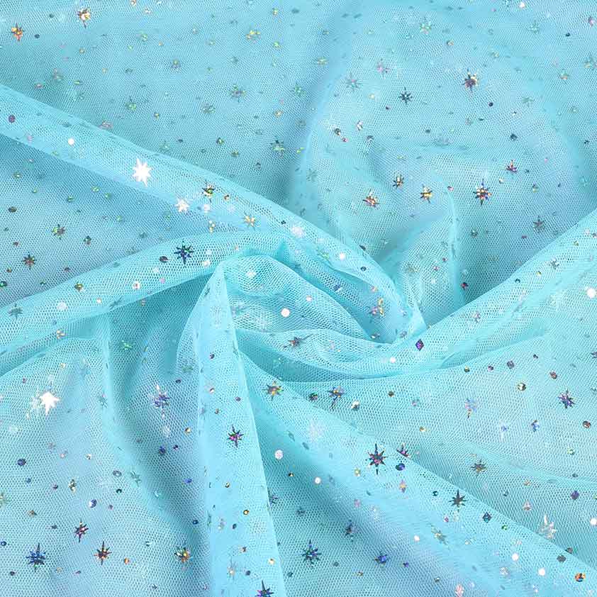 Mesh-Stoff Hologramm Glitter Stern hellblau