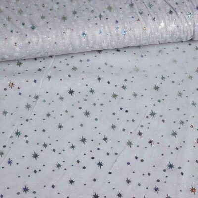 Mesh-Stoff Hologram Glitter Stern hellgrau