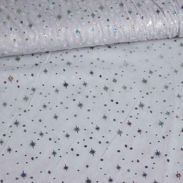 Mesh-Stoff Hologram Glitter Stern hellgrau
