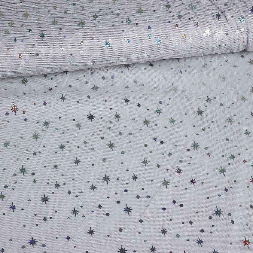 Mesh-Stoff Hologram Glitter Stern hellgrau