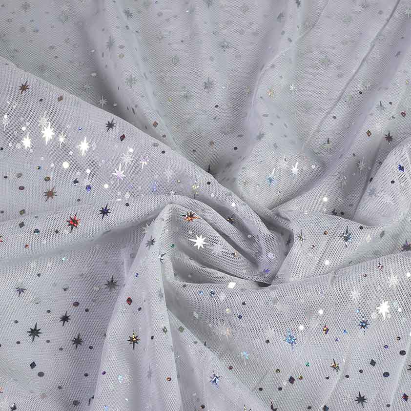 Mesh-Stoff Hologram Glitter Stern hellgrau