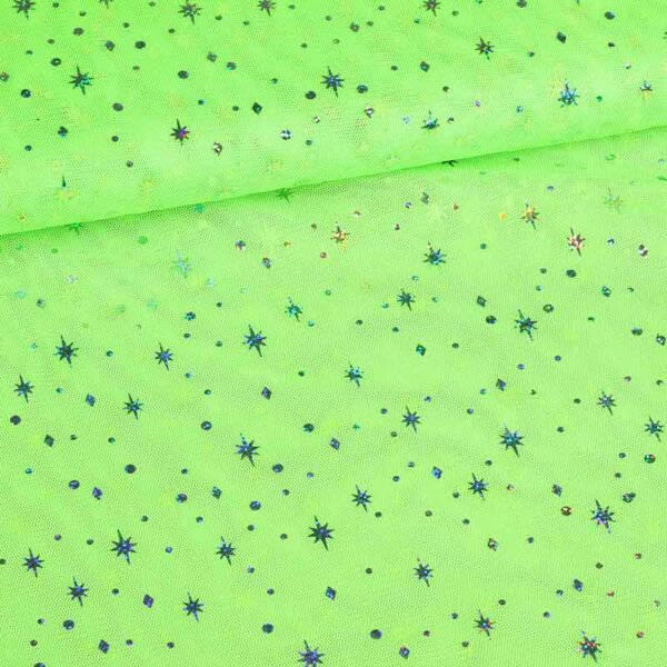 Mesh-Stoff Hologramm Glitter Stern Lime
