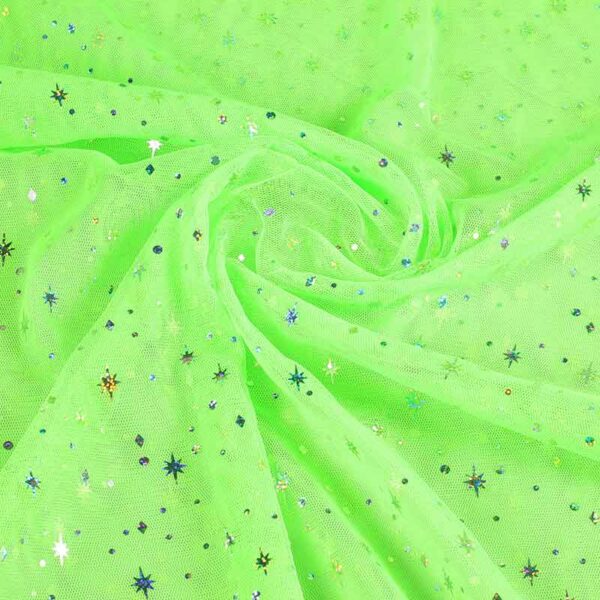 Mesh-Stoff Hologramm Glitter Stern Lime