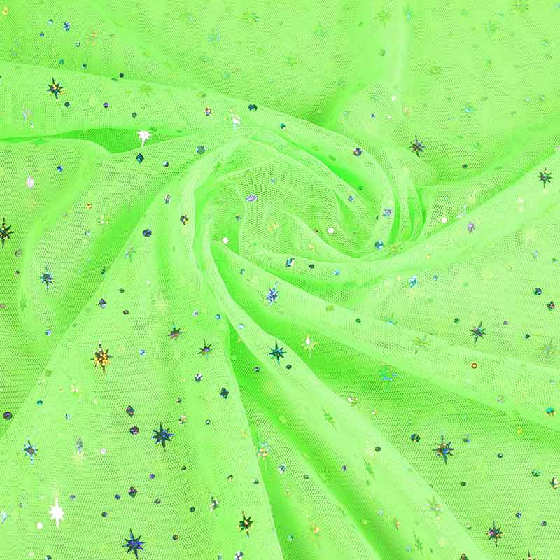 Mesh-Stoff Hologramm Glitter Stern Lime
