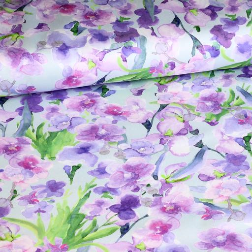 Baumwoll-Stretch-Satin Aquarellblume hellblau