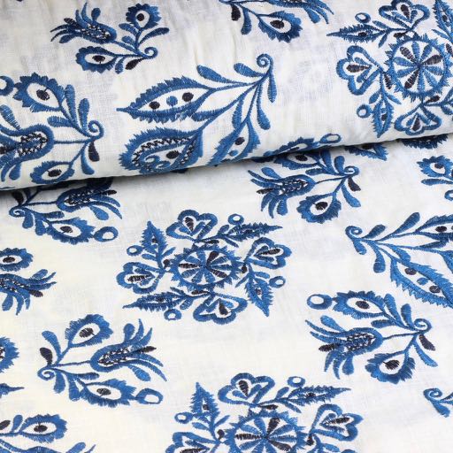 Baumwoll-Stickerei retro Blume blau