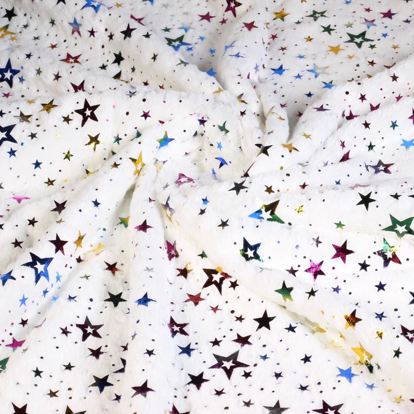 Kunstpelz weiß multicolor foil stern