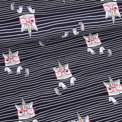 Tricot-Stoff digital bedruckt Einhorn Streifen Navy
