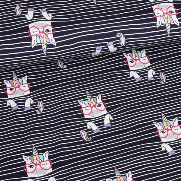 Tricot-Stoff digital bedruckt Einhorn Streifen Navy