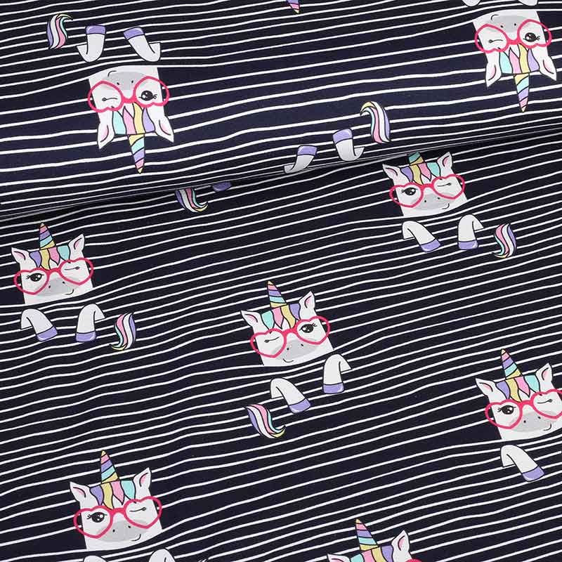 Tricot-Stoff digital bedruckt Einhorn Streifen Navy