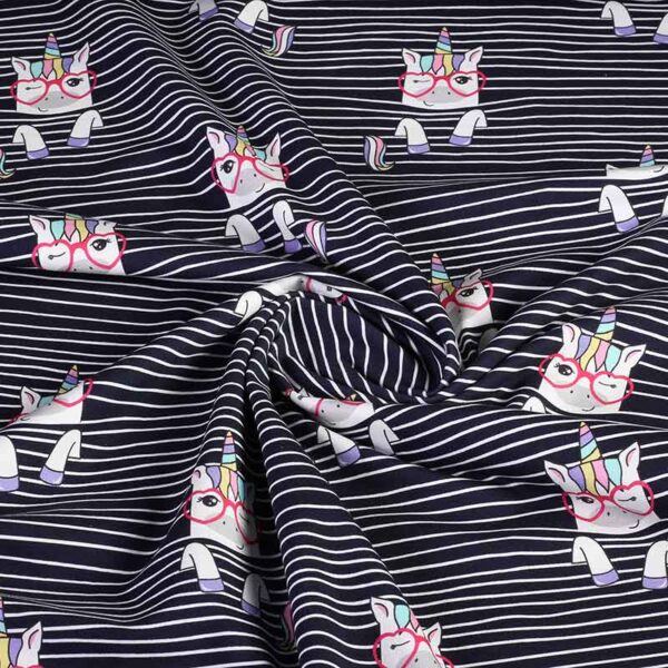 Tricot-Stoff digital bedruckt Einhorn Streifen Navy