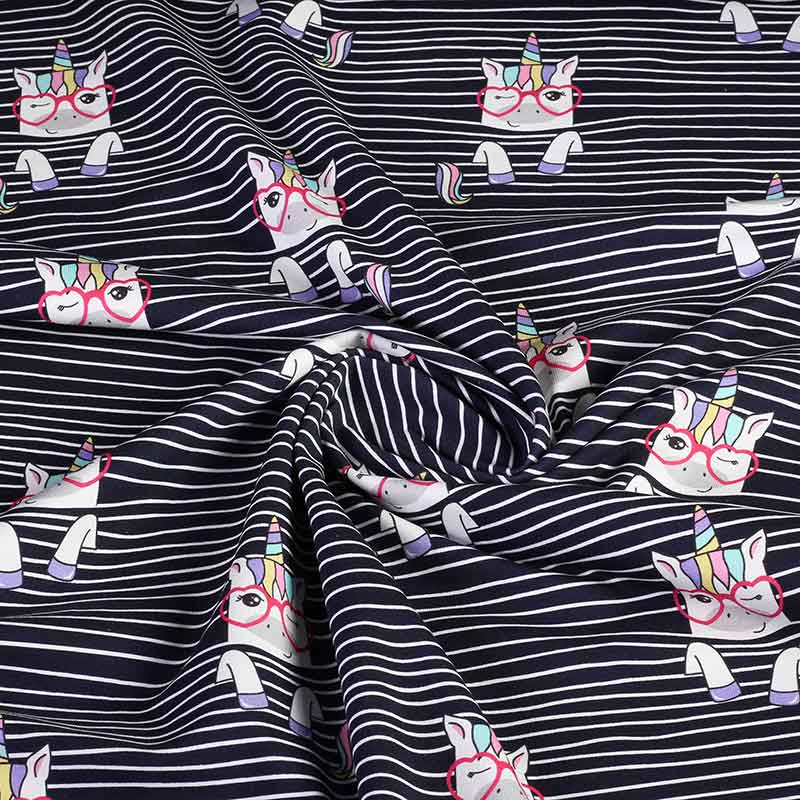 Tricot-Stoff digital bedruckt Einhorn Streifen Navy