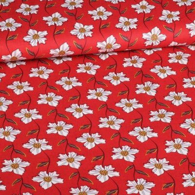 Poplin-Stoff Fantasie Margeriten rot