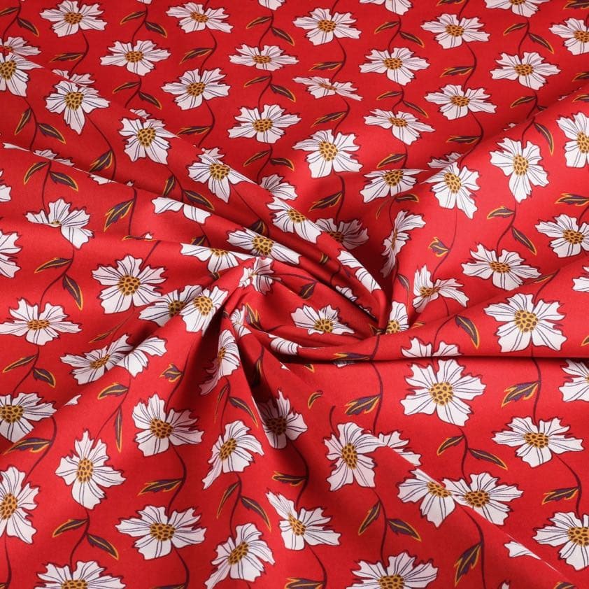 Poplin-Stoff Fantasie Margeriten rot