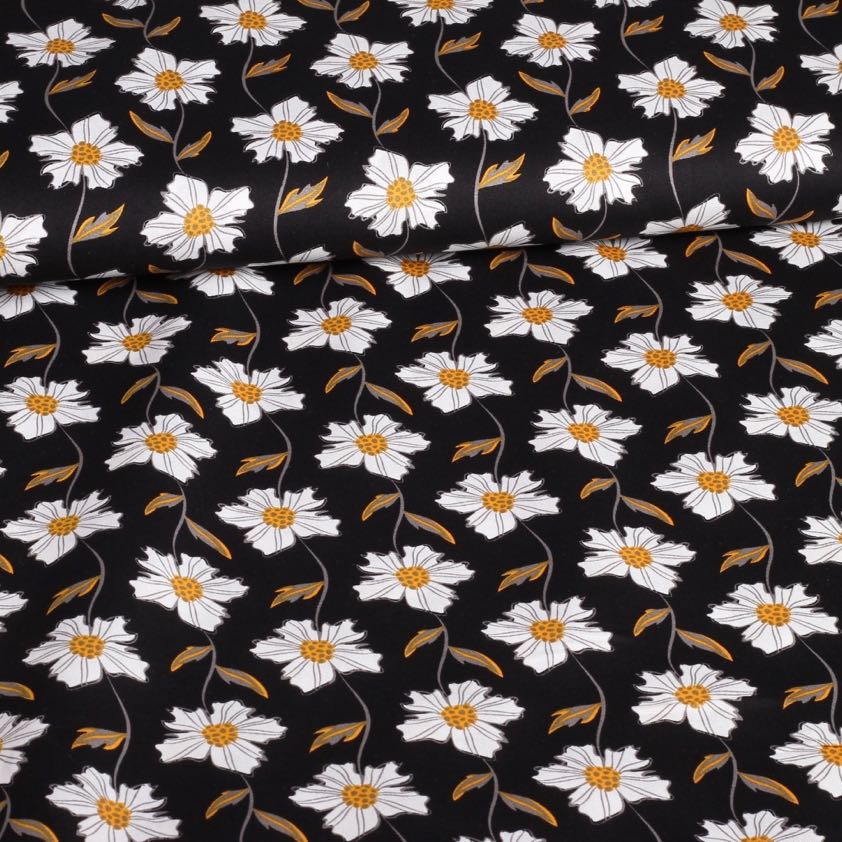 Poplin-Stoff Fantasie Margeriten Schwarz