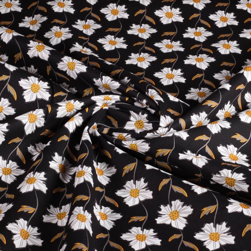Poplin-Stoff Fantasie Margeriten Schwarz