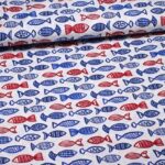 Poplin stof vissen blauw/rood