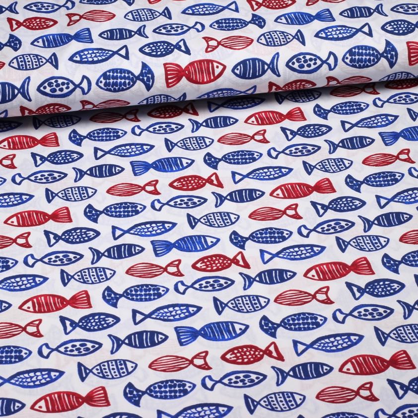 Poplin-Stoff Fische blau/rot
