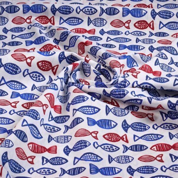Poplin-Stoff Fische blau/rot