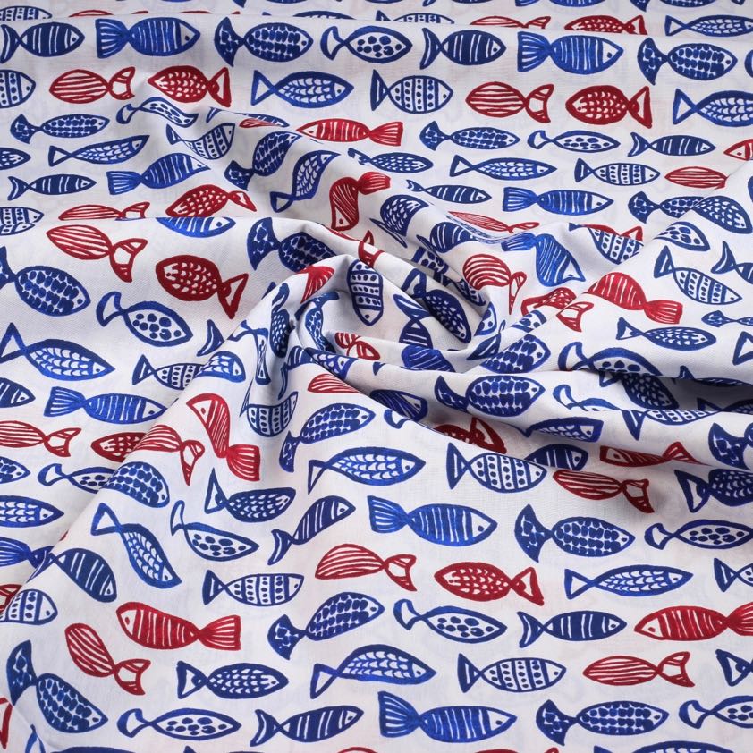 Poplin-Stoff Fische blau/rot